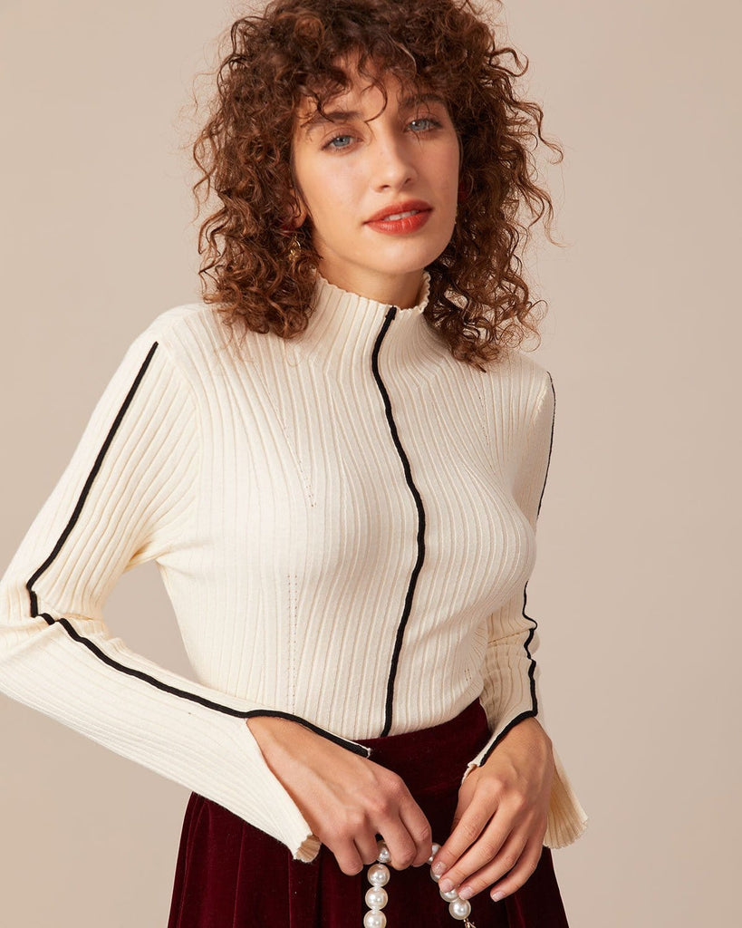 The Mock Neck Striped Knit Top Apricot Tops - RIHOAS