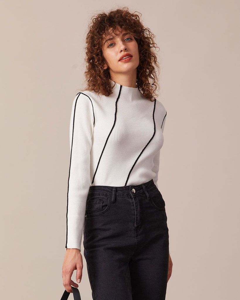 The Mock Neck Striped Knit Top White Tops - RIHOAS