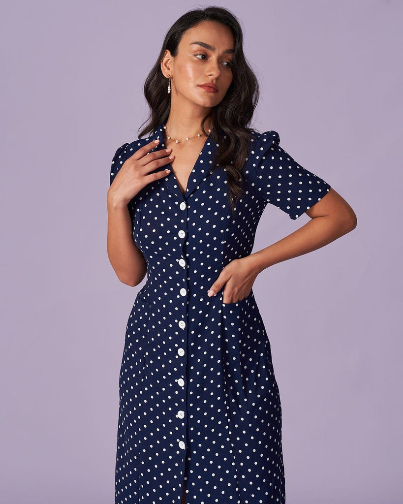 The Navy Collared Polka Dot Midi Dress Dresses - RIHOAS