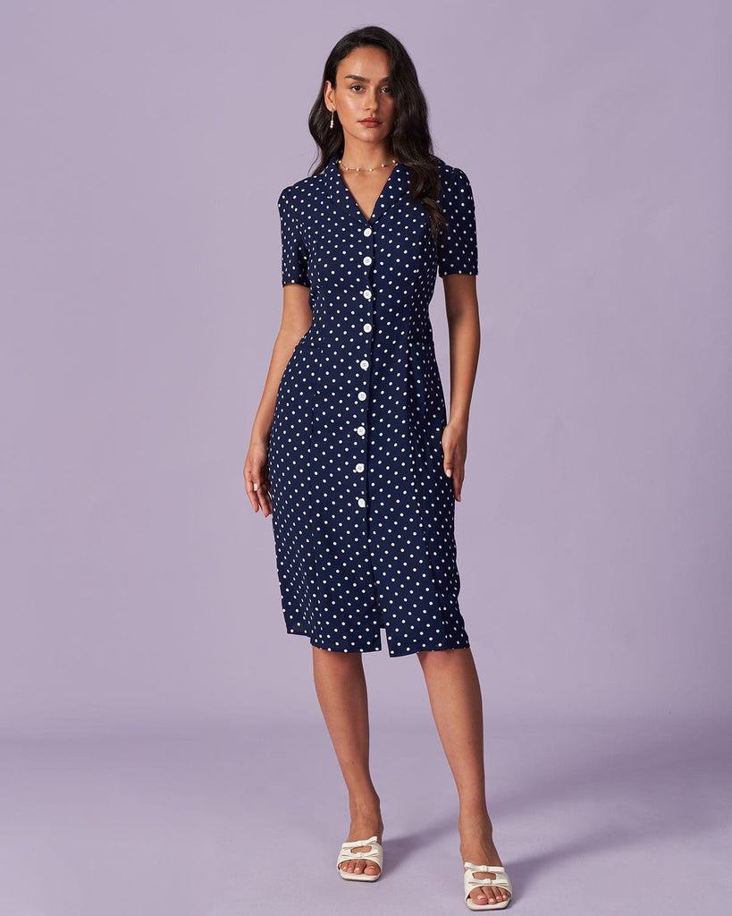 The Navy Collared Polka Dot Midi Dress Dresses - RIHOAS