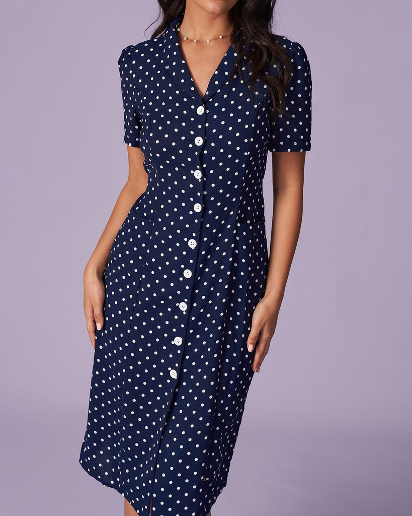 The Navy Collared Polka Dot Midi Dress Dresses - RIHOAS