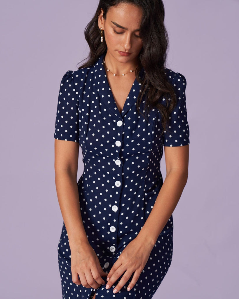 The Navy Collared Polka Dot Midi Dress Dresses - RIHOAS