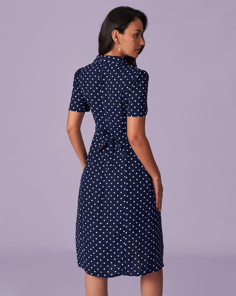The Navy Collared Polka Dot Midi Dress Dresses - RIHOAS