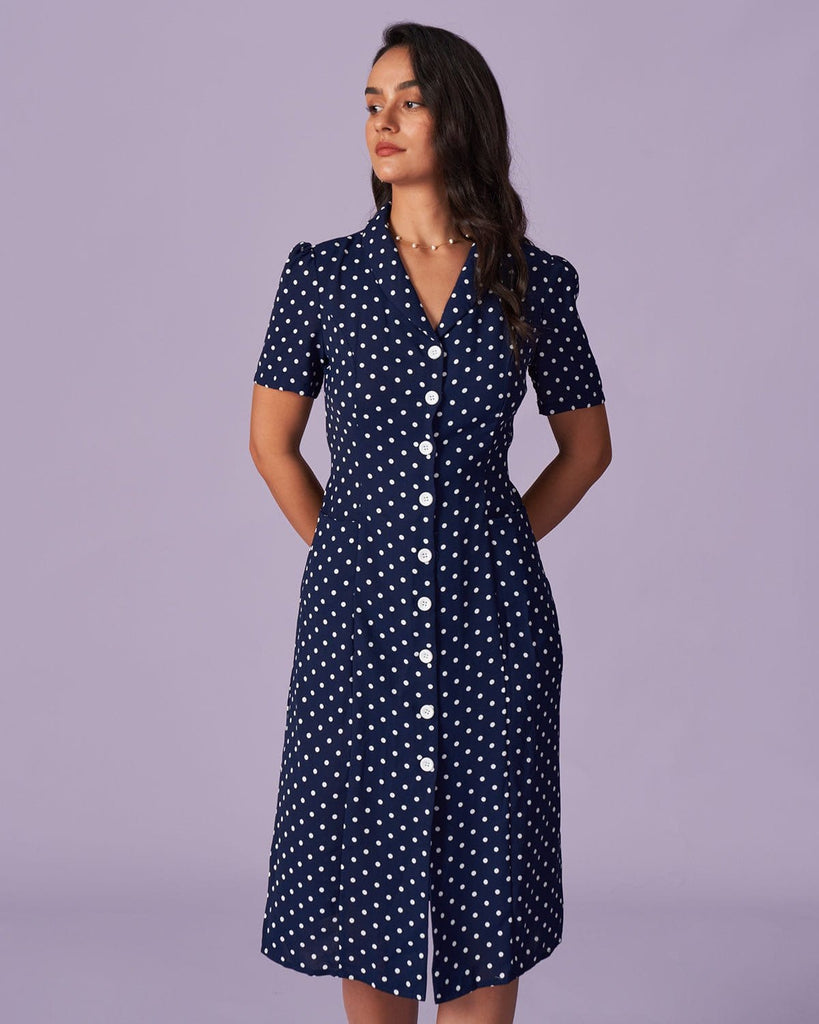 The Navy Collared Polka Dot Midi Dress Navy Dresses - RIHOAS