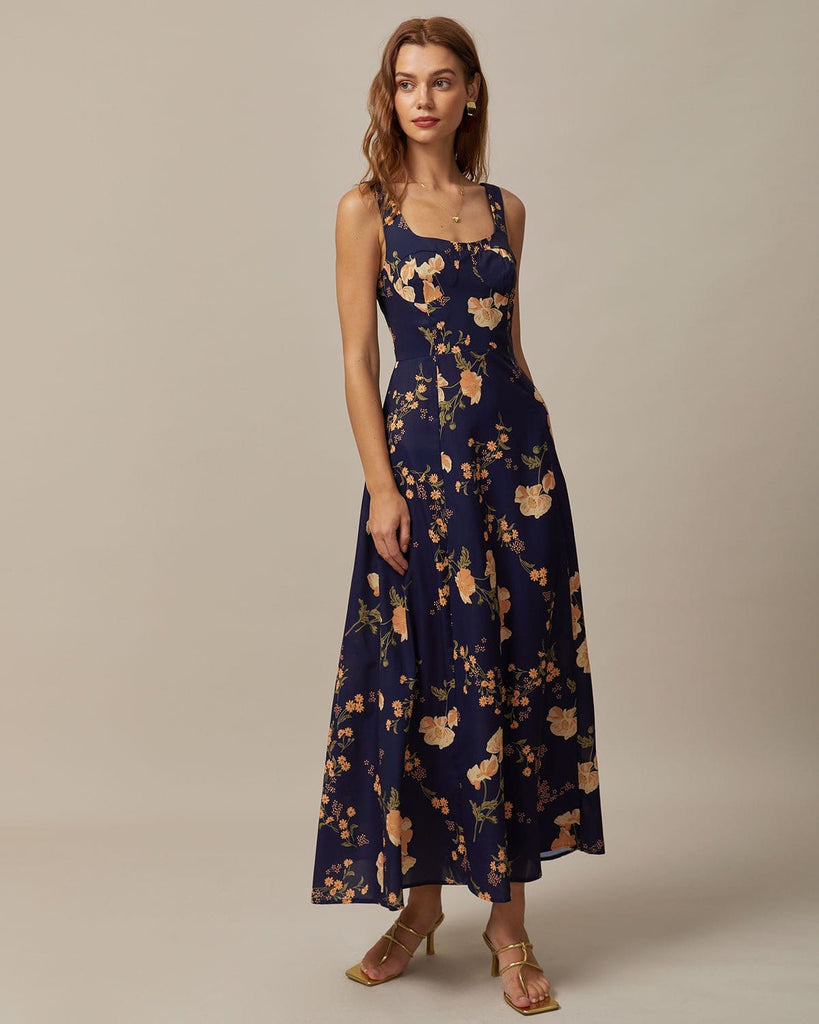 The Navy Floral Backless Maxi Dress Dresses - RIHOAS