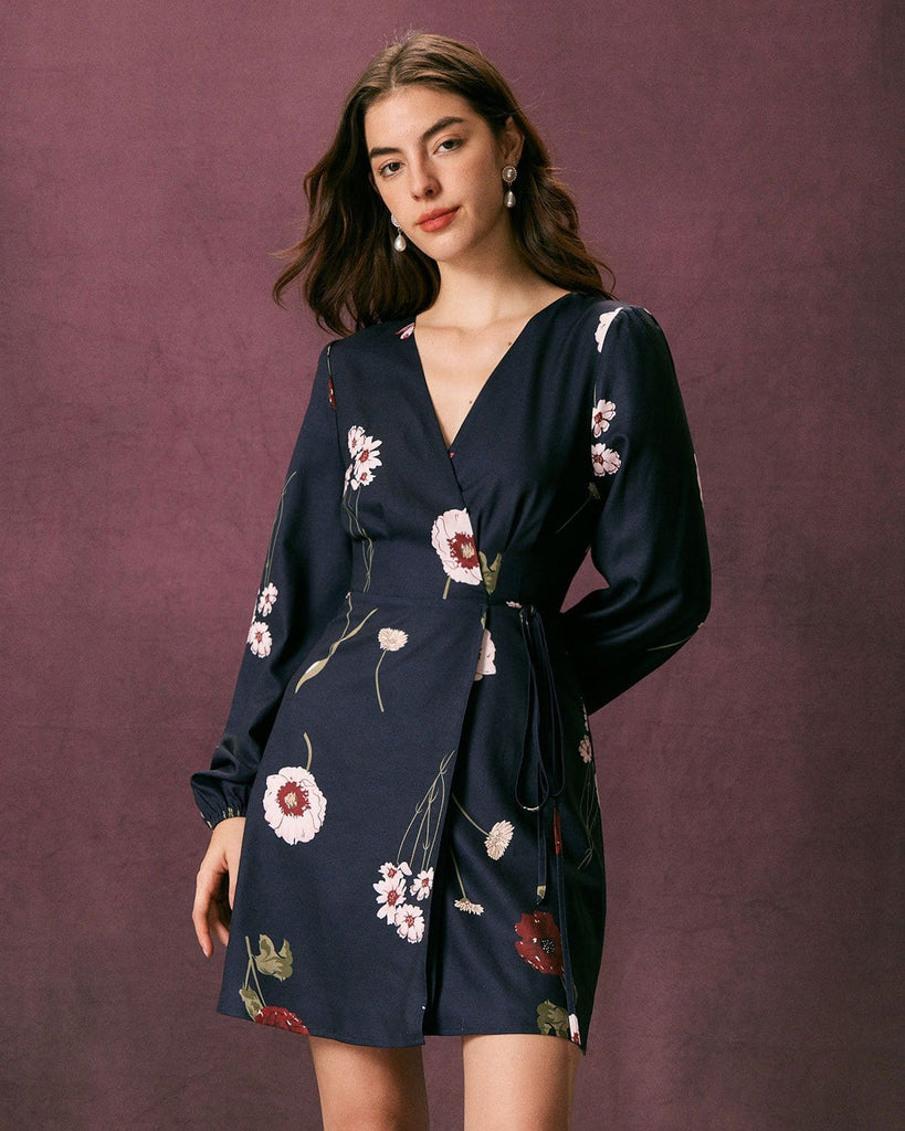 The Navy Floral Wrap Mini Dress Navy Dresses - RIHOAS