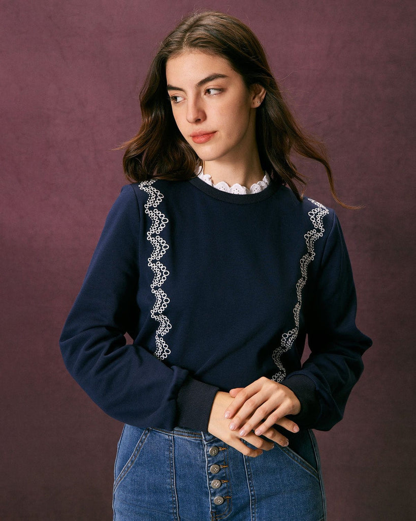 The Navy Lace Embroidery Sweatshirt Navy Tops - RIHOAS