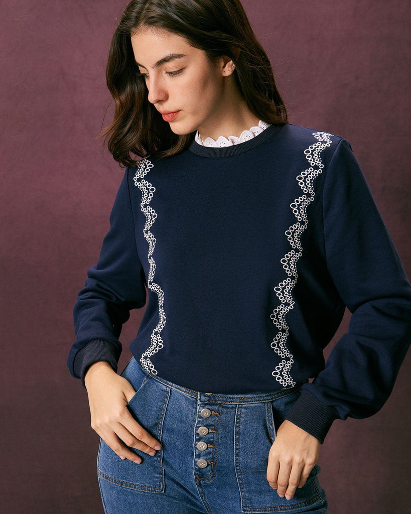 The Navy Lace Embroidery Sweatshirt Tops - RIHOAS