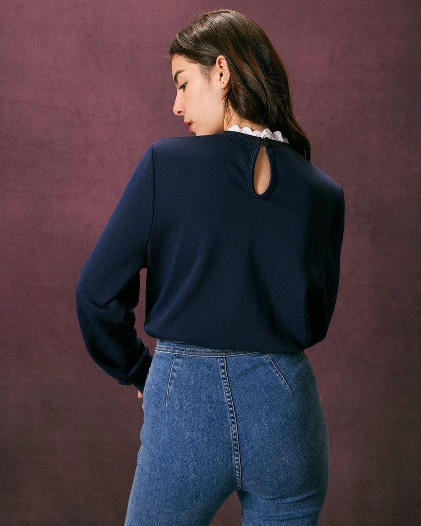 The Navy Lace Embroidery Sweatshirt Tops - RIHOAS