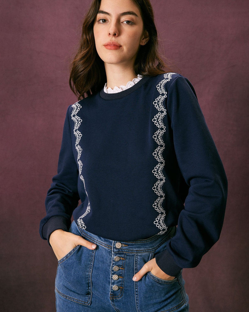 The Navy Lace Embroidery Sweatshirt Tops - RIHOAS