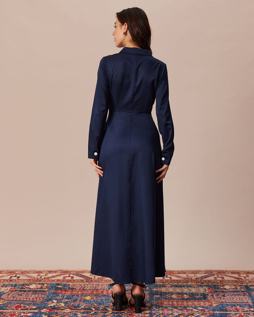 The Navy Lapel Single-breasted Maxi Dress Dresses - RIHOAS