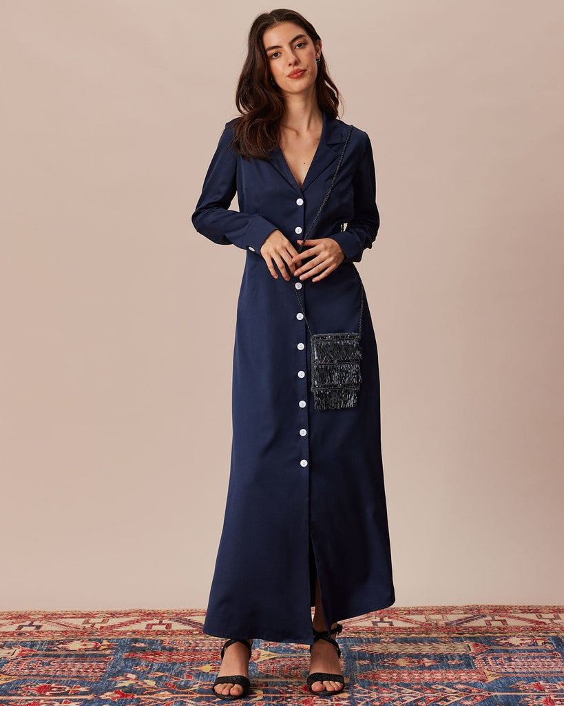 The Navy Lapel Single-breasted Maxi Dress Navy Dresses - RIHOAS