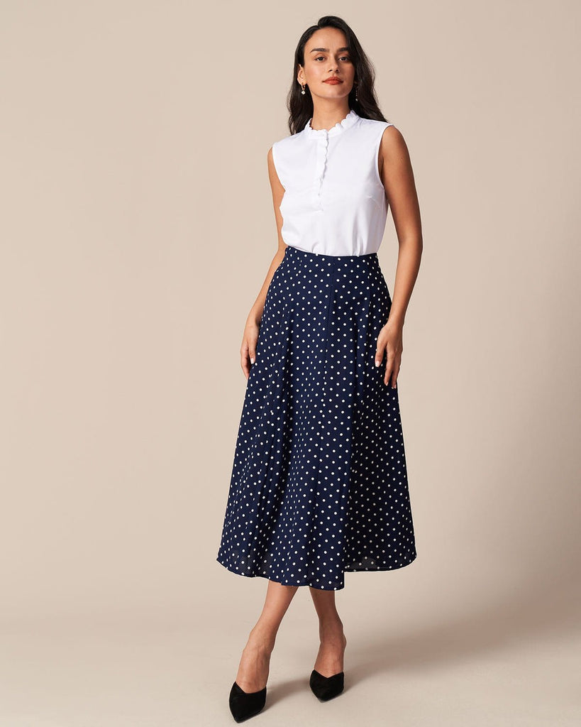 The Navy Polka Dot Midi Skirt Bottoms - RIHOAS