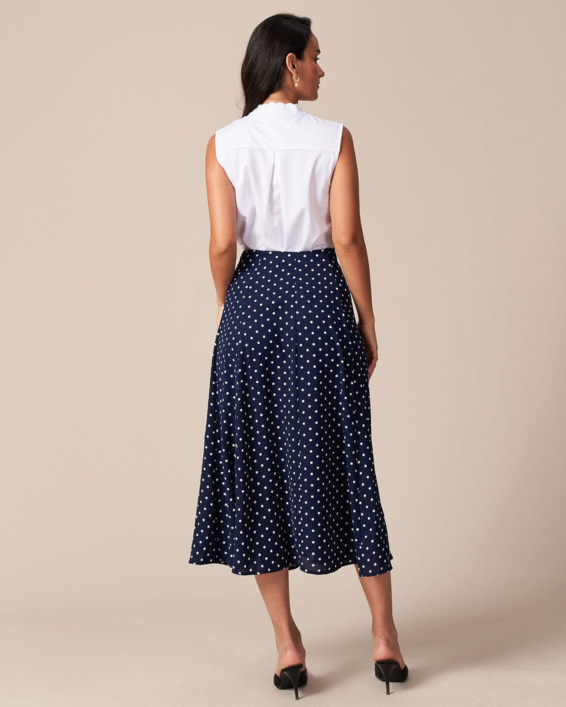 The Navy Polka Dot Midi Skirt Bottoms - RIHOAS