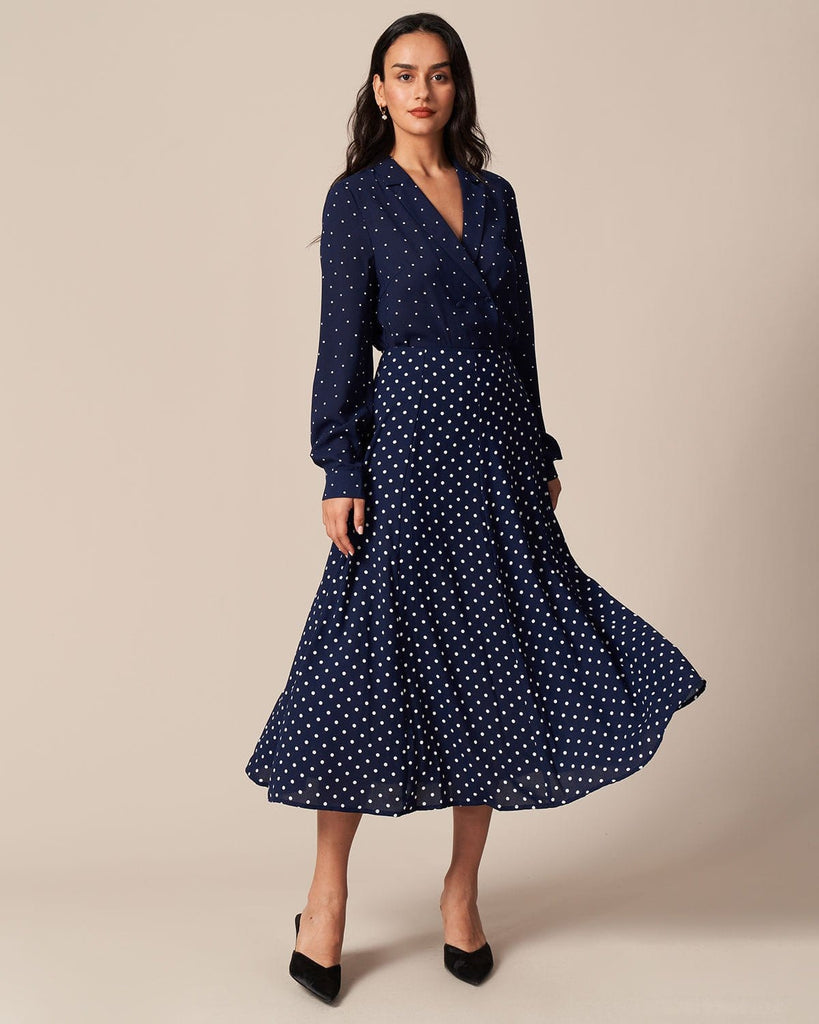 The Navy Polka Dot Midi Skirt Bottoms - RIHOAS
