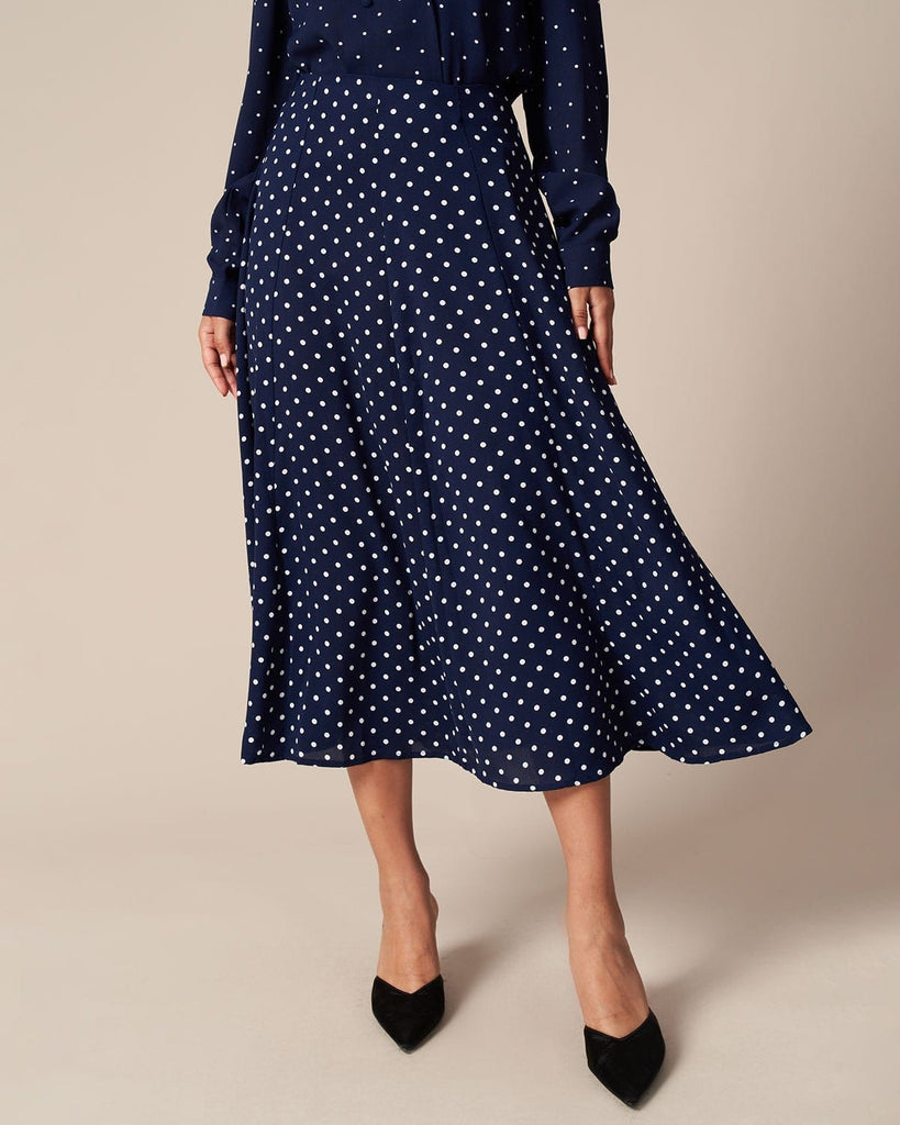 The Navy Polka Dot Midi Skirt Navy Bottoms - RIHOAS