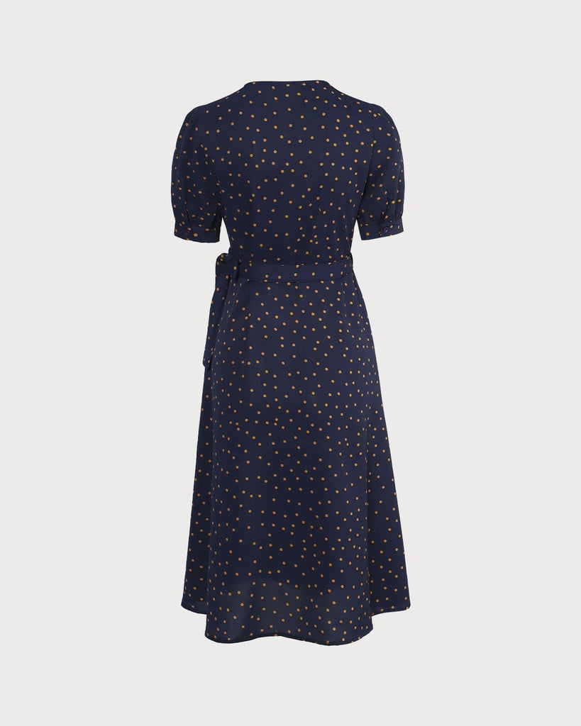 The Navy Polka Dot Wrap Midi Dress Dresses - RIHOAS