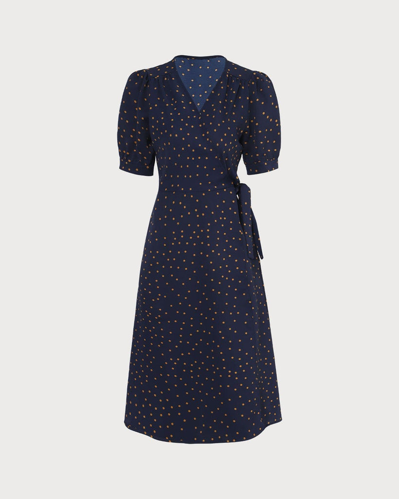 The Navy Polka Dot Wrap Midi Dress Navy Dresses - RIHOAS