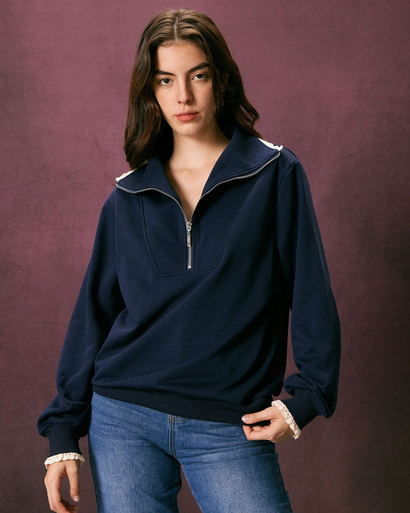 The Navy Solid Half Zip Sweatshirt Navy Tops - RIHOAS