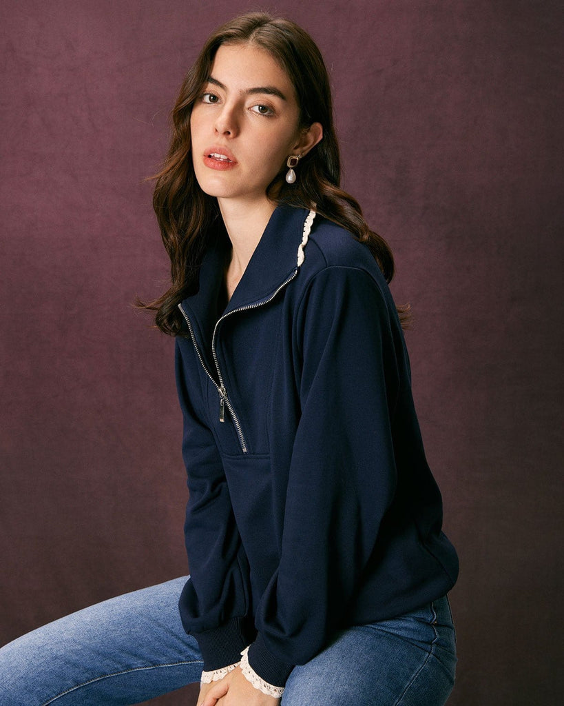 The Navy Solid Half Zip Sweatshirt Tops - RIHOAS