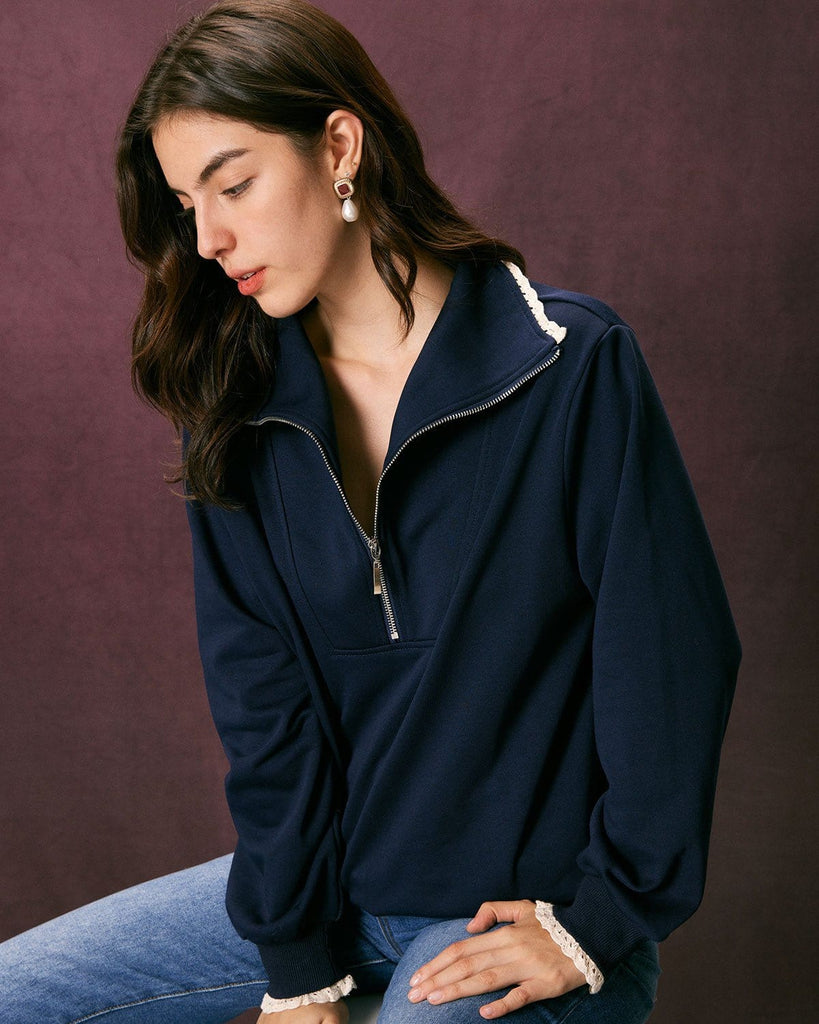 The Navy Solid Half Zip Sweatshirt Tops - RIHOAS