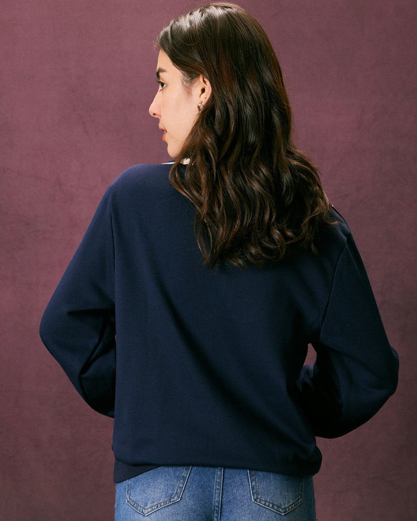 The Navy Solid Half Zip Sweatshirt Tops - RIHOAS