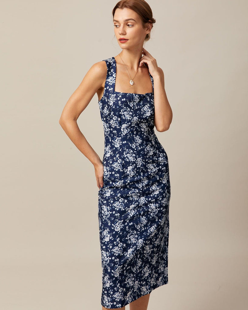 The Navy Square Neck Floral Midi Dress Navy Dresses - RIHOAS