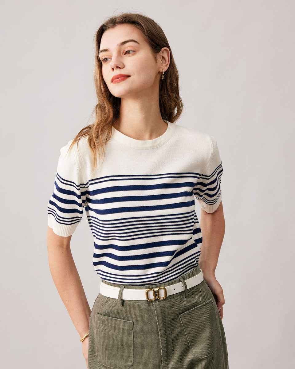 The Navy Striped Short Sleeve Sweater - Women's Navy & White Striped ...