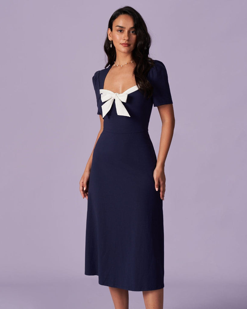 The Navy Sweetheart Neck Colorblock Midi Dress Dresses - RIHOAS