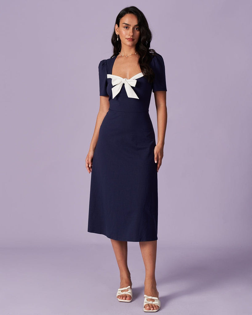 The Navy Sweetheart Neck Colorblock Midi Dress Dresses - RIHOAS