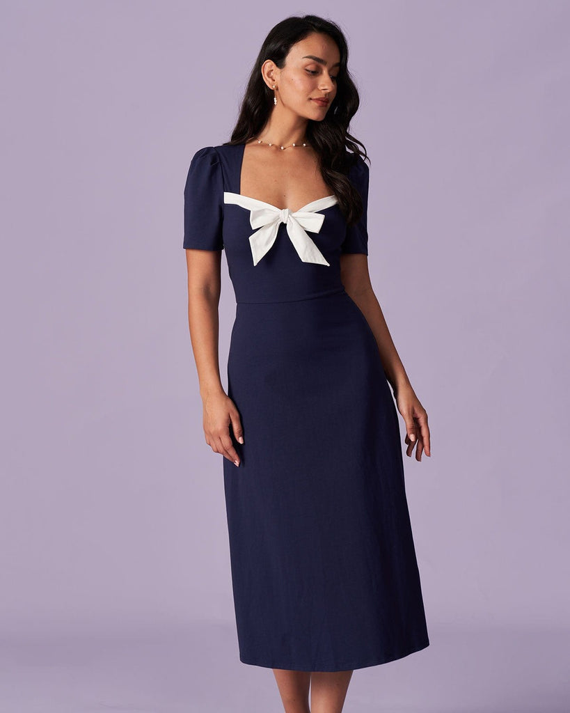 The Navy Sweetheart Neck Colorblock Midi Dress Navy Dresses - RIHOAS