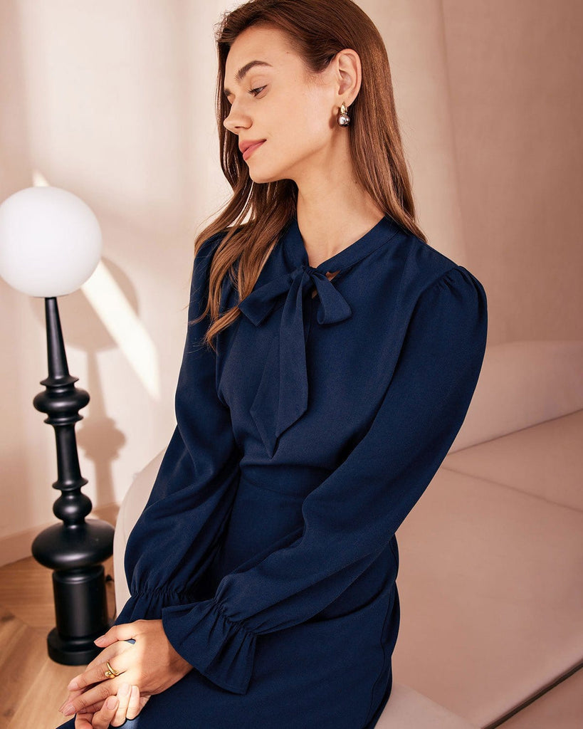 The Navy Tie Long Sleeve A-line Dress Dresses - RIHOAS