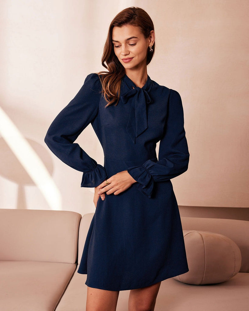 The Navy Tie Long Sleeve A-line Dress Dresses - RIHOAS