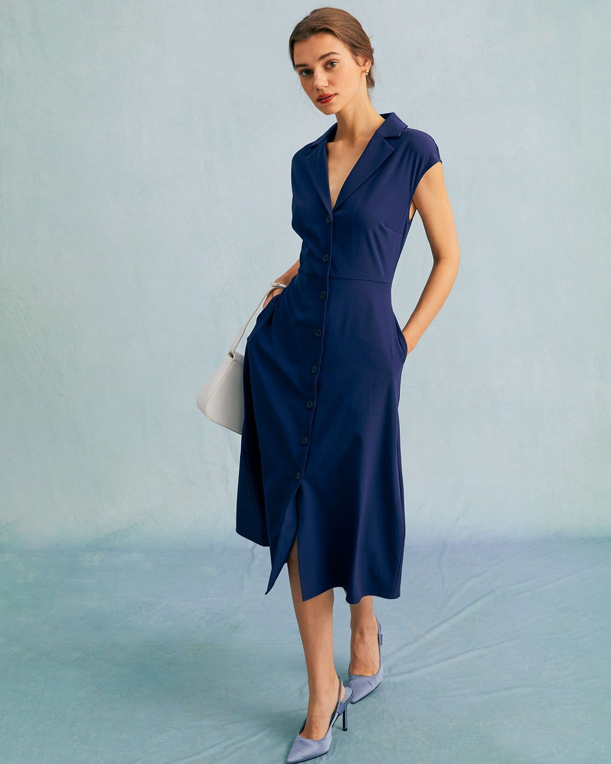 The Navy V Neck Button Cap Sleeve Midi Dress - Navy Cap Sleeve V Neck ... The Navy V Neck Button Cap Sleeve Midi Dress - Navy Cap Sleeve V Neck ...