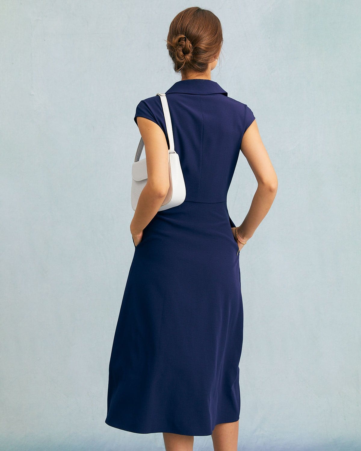 Rihoas V Neck Button Cap Sleeve Midi Dress for Women, Navy / L Rihoas V Neck Button Cap Sleeve Midi Dress for Women, Navy / L