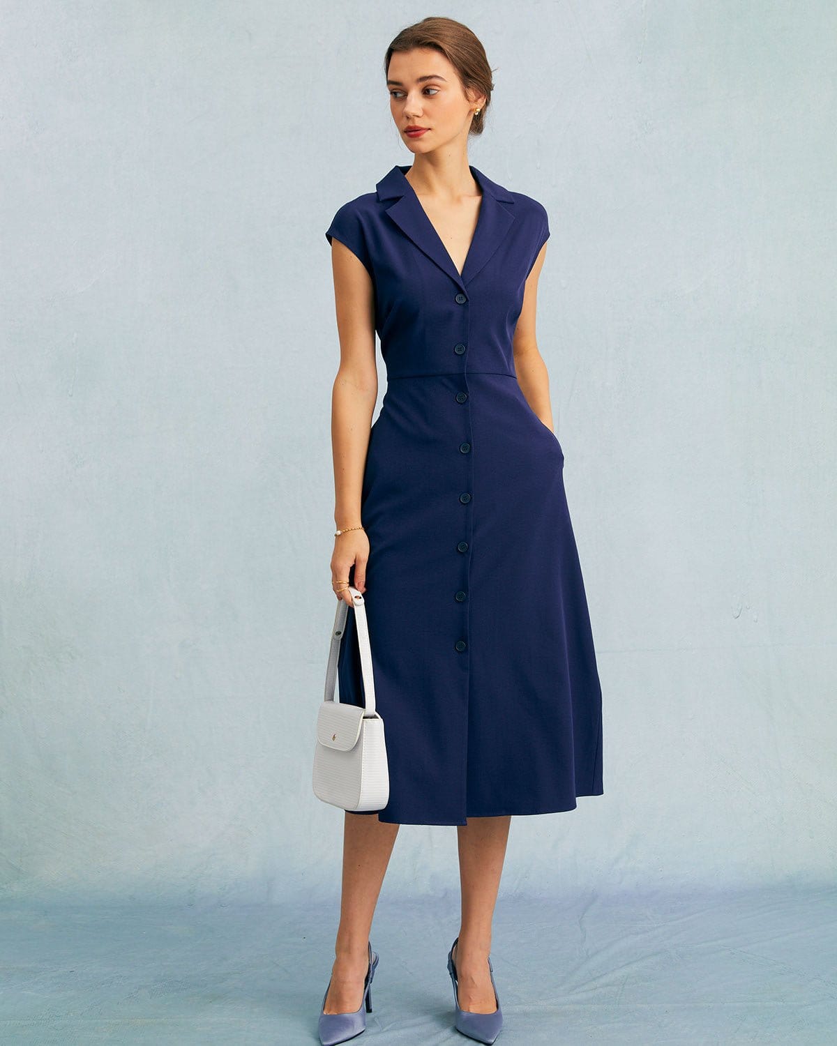V Neck Button Cap Sleeve Midi Dress