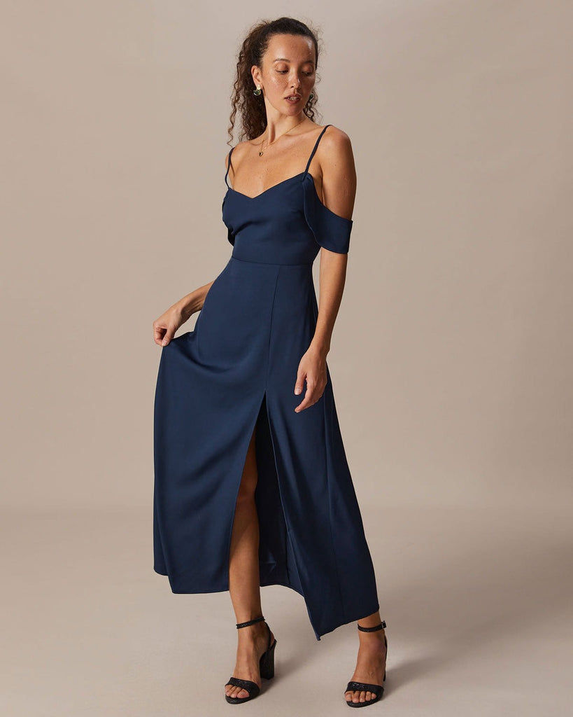 The Navy V Neck Slit Maxi Dress Dresses - RIHOAS
