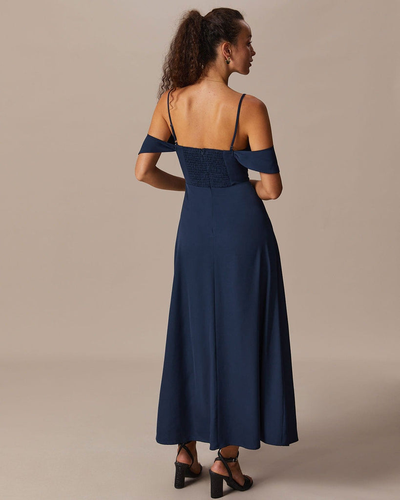 The Navy V Neck Slit Maxi Dress Dresses - RIHOAS