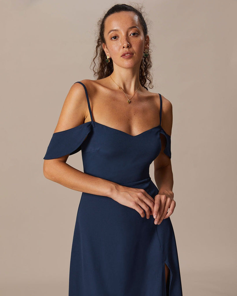 The Navy V Neck Slit Maxi Dress Dresses - RIHOAS