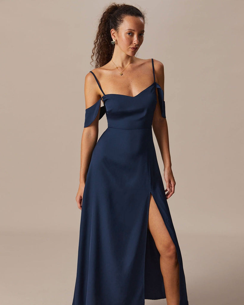 The Navy V Neck Slit Maxi Dress Dresses - RIHOAS