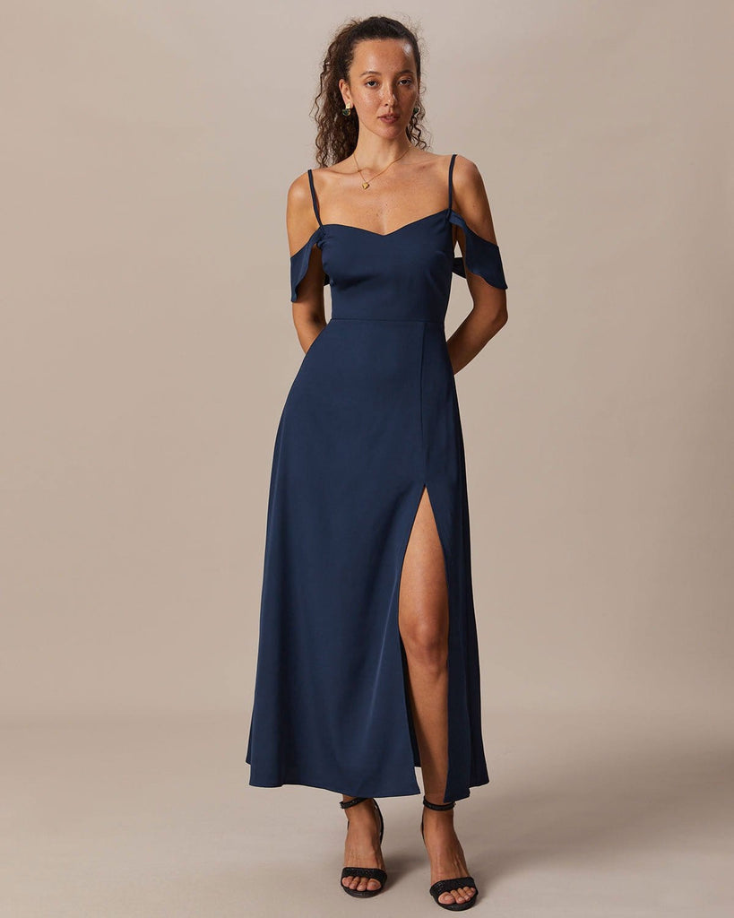 The Navy V Neck Slit Maxi Dress Navy Dresses - RIHOAS