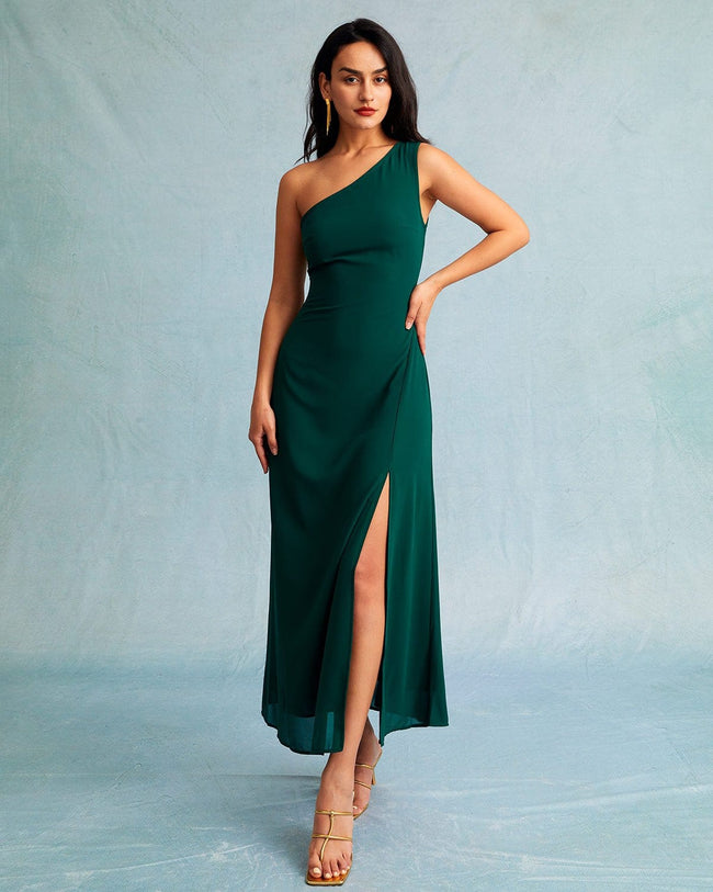 Green One Shoulder Sleeveless Maxi Dress - Women's Casual Sleeveless Maxi  Dress, Elegant Green - Black - Dresses