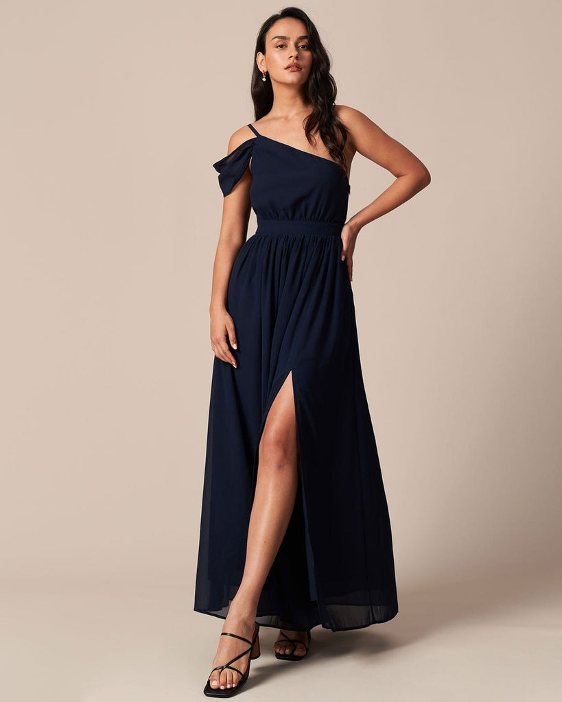 The One Shoulder Solid Maxi Dress Navy Dresses - RIHOAS