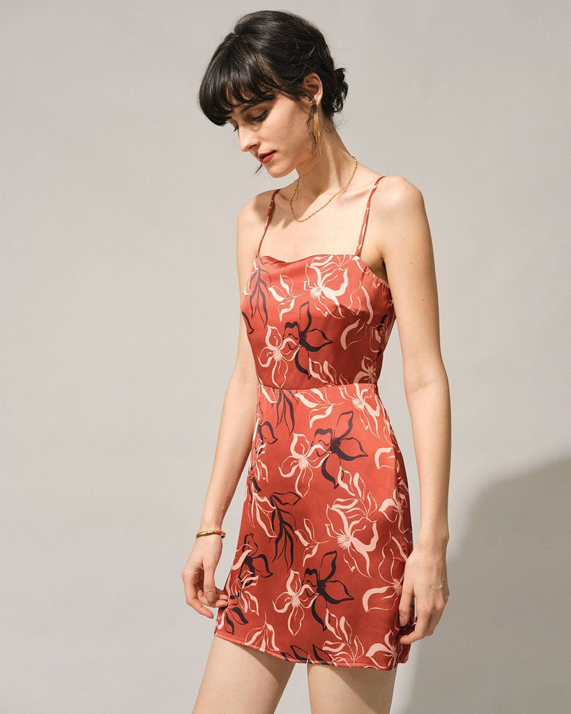 The Orange Sleeveless Floral Satin Mini Dress Dresses - RIHOAS