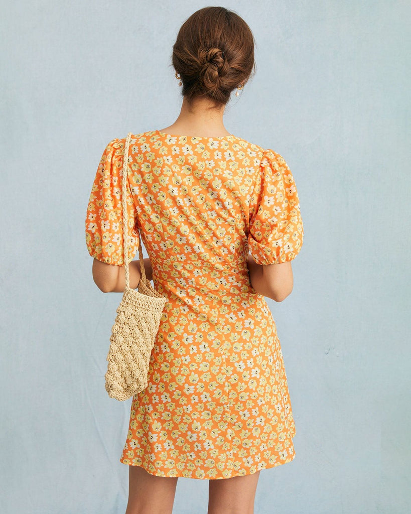 The Orange V-Neck Floral A-line Mini Dress Dresses - RIHOAS