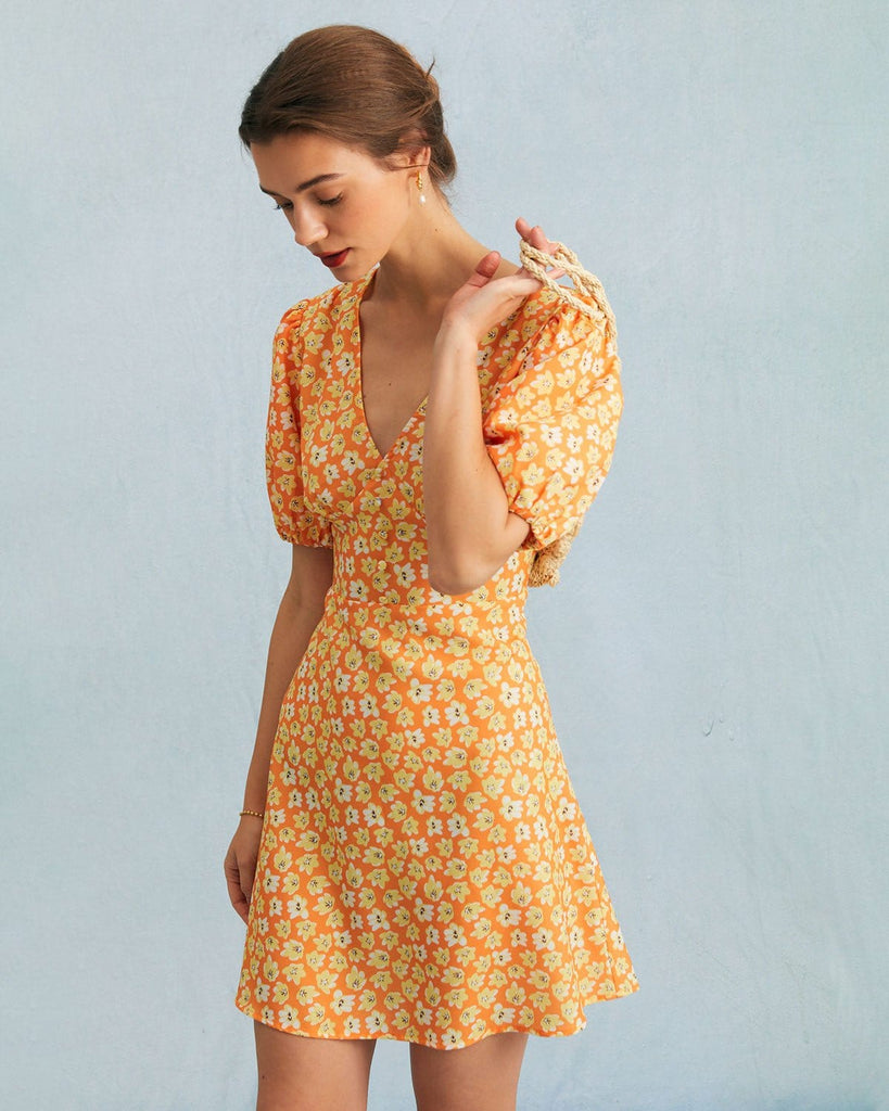 The Orange V-Neck Floral A-line Mini Dress Dresses - RIHOAS