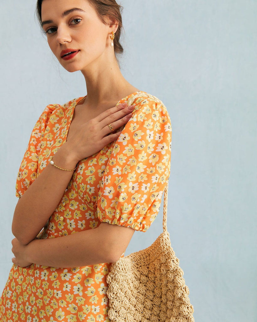 The Orange V-Neck Floral A-line Mini Dress Dresses - RIHOAS