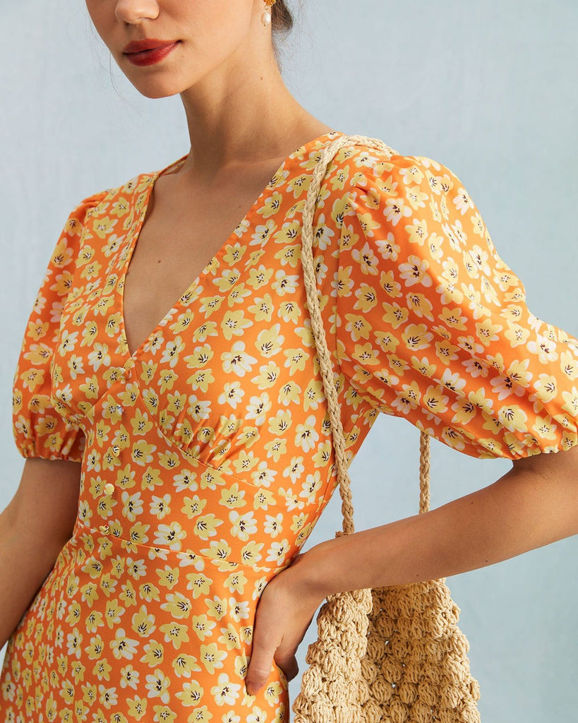 The Orange V-Neck Floral A-line Mini Dress Dresses - RIHOAS