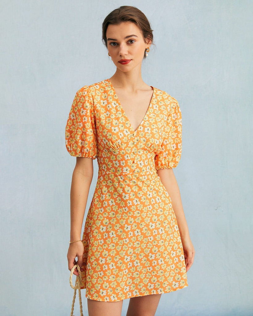 The Orange V-Neck Floral A-line Mini Dress Dresses - RIHOAS
