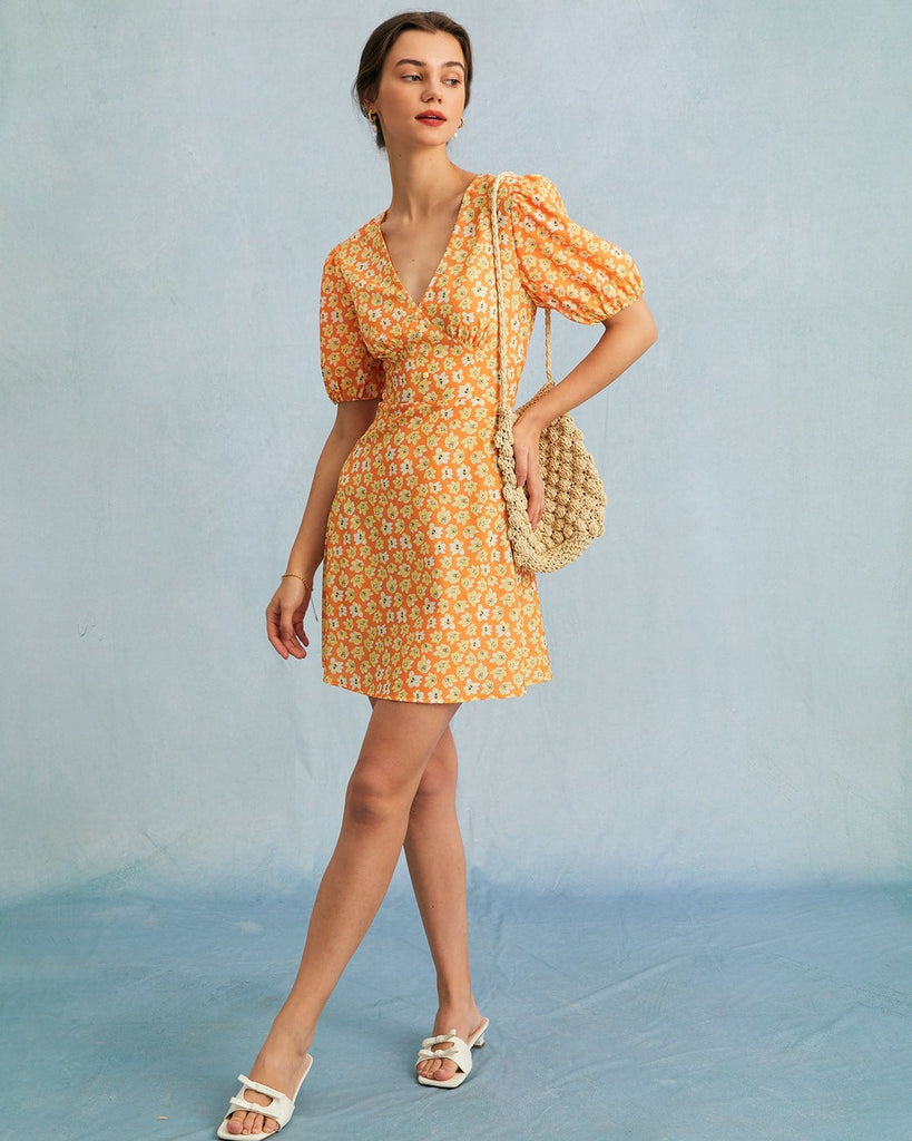 The Orange V-Neck Floral A-line Mini Dress Orange Dresses - RIHOAS